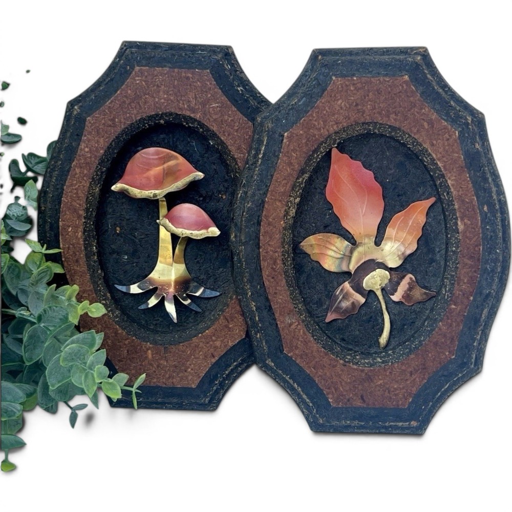 Vintage Mushroom Wood Plaques Set 1970s Dried Pressed Botanical Wall Art Retro